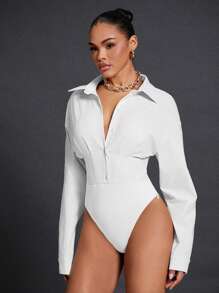 Hauture Button Down Collar Seam Detail Long Sleeve Bodysuit
