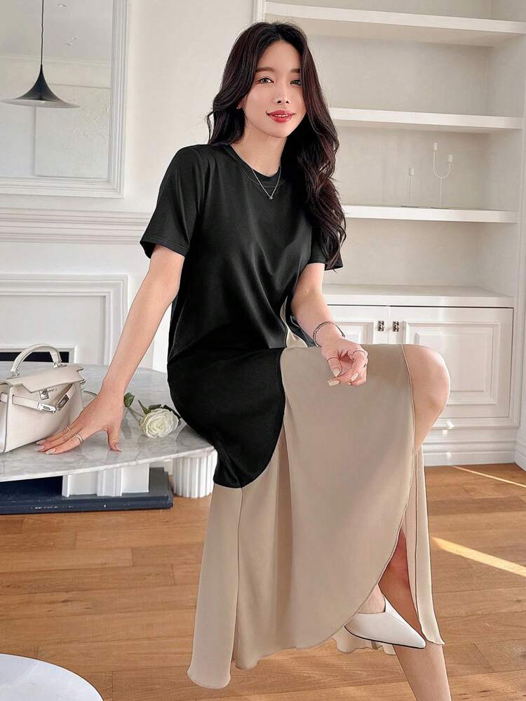 Color Block Ruffle Hem T-Shirt Dress For Women Sundress,Casual Women Dresses