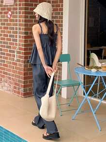 DAZY 2 Stück/Set Damen einfarbiger Jumpsuit mit Spaghettiträgern für Frühling und Sommer