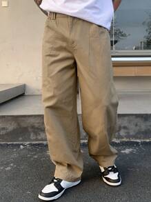 DAZY 男士直筒休闲卡其裤，百搭街头服饰 - 卡其色 - 查看 3