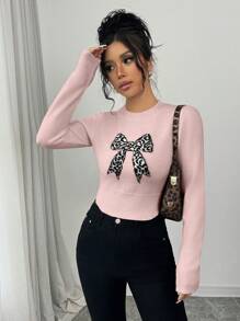 Chiquease Suéter de punto con manga larga, estampado de leopardo y lazo para mujer, suéter de punto para otoño e invierno