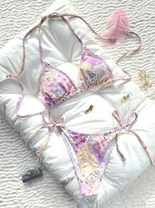 Swim Vcay Bikini de dos piezas con estampado floral ditsy y parte superior al cuello sexy para atar, estampado aleatorio, para mujeres en verano - Rosa - Ver 3