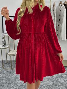 SHEIN Maternity Solid Color Lantern Sleeve Single Breasted Casual Short Dress - Red - View 5