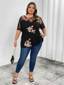 SHEIN CURVE+ 大码女式夏季蕾丝花卉撞色网眼短袖波西米亚风度假衬衫