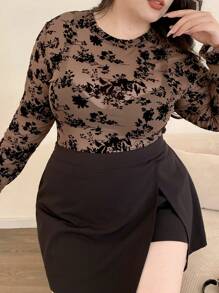 Dazy Plus 圆领植绒弹力修身女上衣，春夏长袖女上衣 - 咖啡棕 - 查看 7