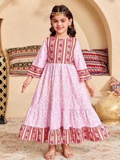 SHEIN 年轻女孩宽松休闲圆领拼色花卉印花长袖连衣裙