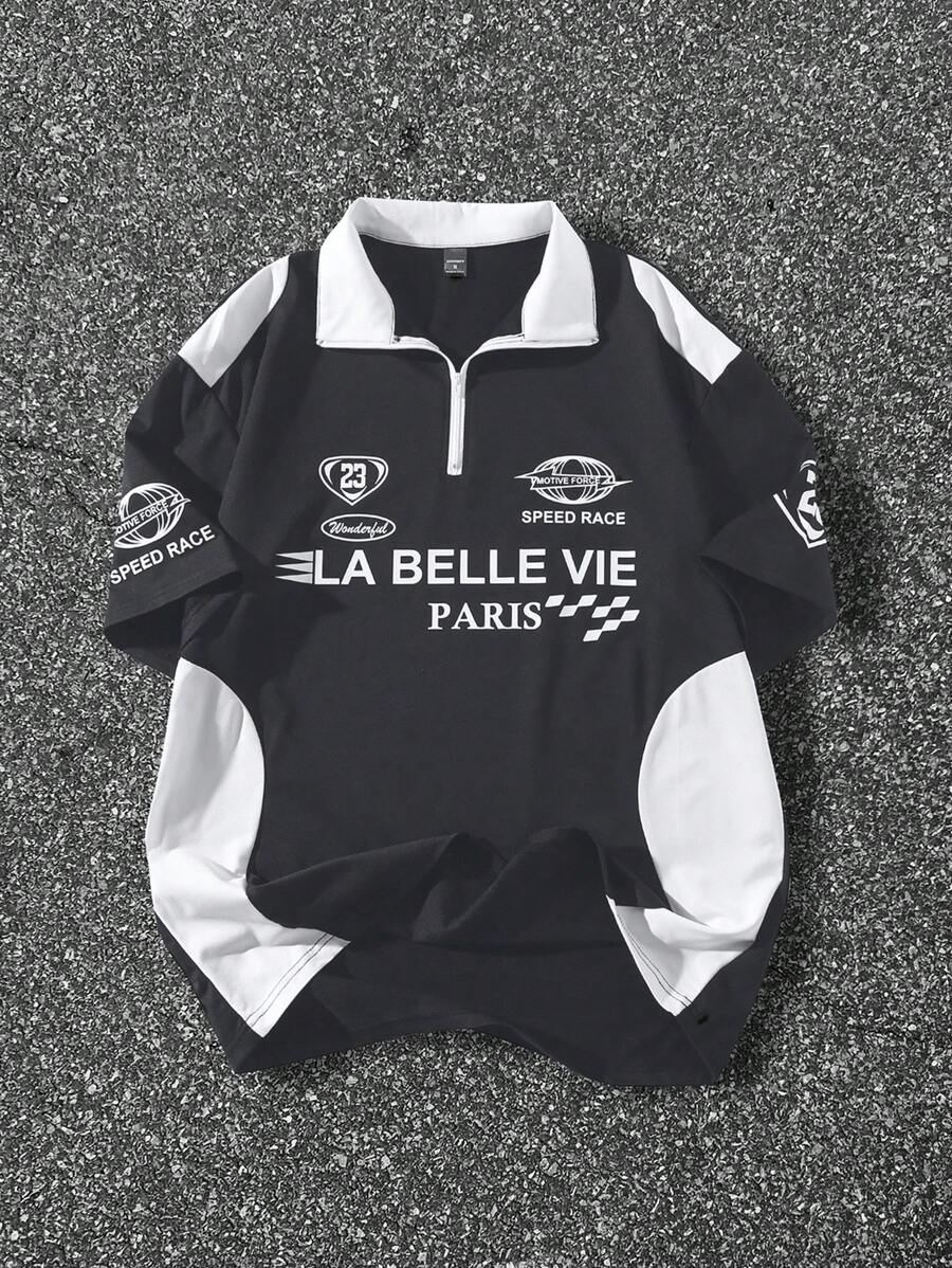 Manfinity EMRG 男士字母印花撞色短袖休闲 Polo 衫 - 深灰色 - 查看 1