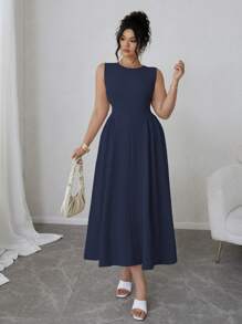 Elenzga 加大码女式纯色圆领褶皱无袖优雅连衣裙长款女装 - 藏蓝色 - 查看 5