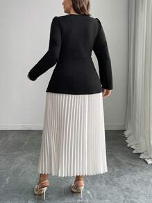 Elenzga 2pcs/Set Plus Size Solid Color Button Front Long Sleeve Blouse And A-Line Skirt Fall Cloth For Women - Black and White - View 2