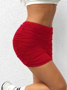 SHEIN MOD Minifalda acampanada con volantes de doble capa de malla de verano - Rojo - Ver 5