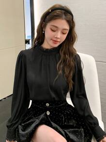 DAZY Women Pearl Decor Turtleneck Casual Blouse