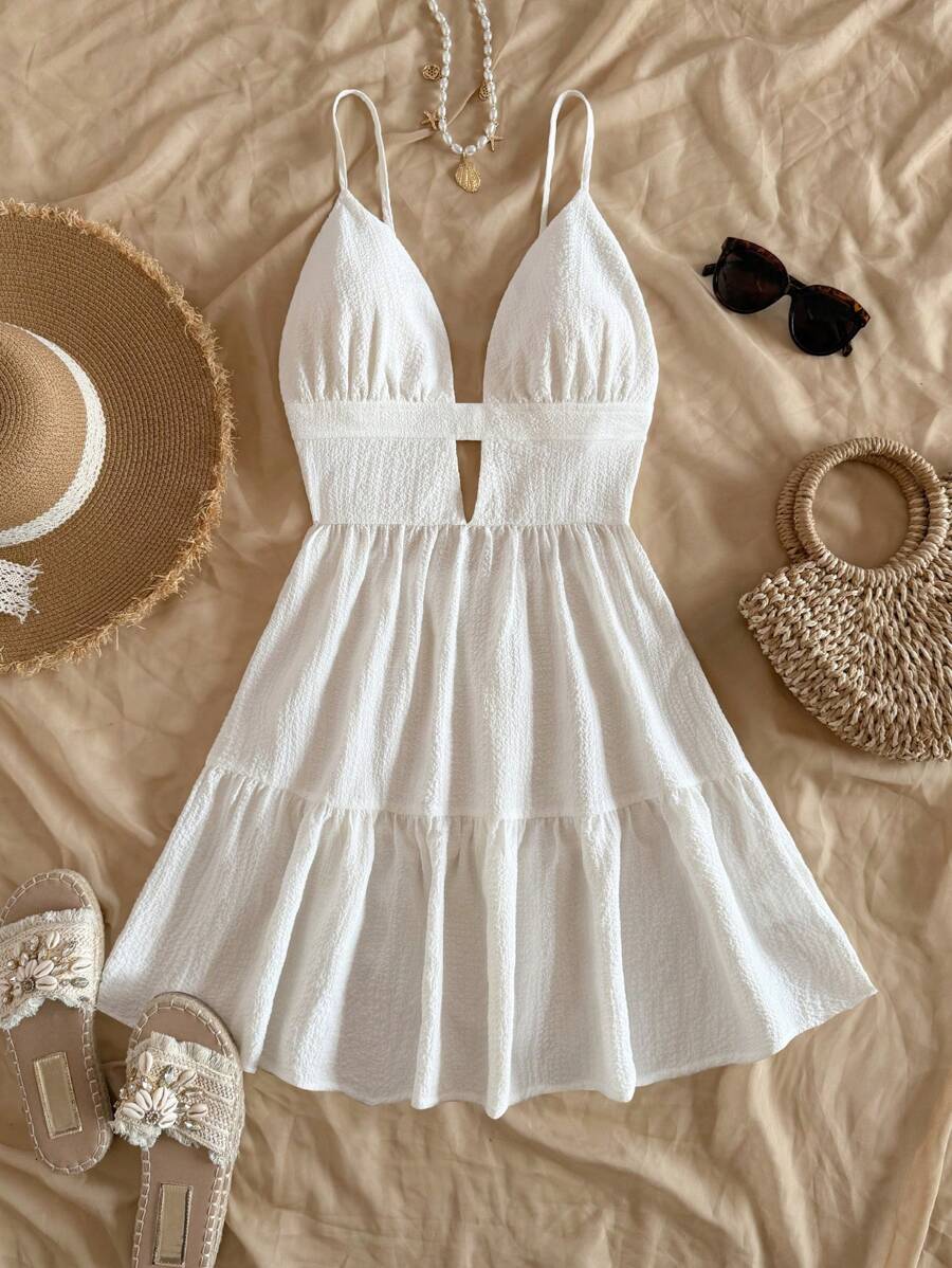 Soleia Urlaubs-Lässig V-Ausschnitt rückenfrei weißes Kleid für den Sommer