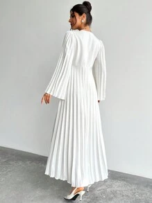 Firerie Valentinstag Damen V-Ausschnitt Zugband plissiertes Weitausschwingendes-Ärmel tailliertes langes weißes Kleid, elegantes minimalistisches Design für den Alltag, Dates, Partys, romantische Anlässe, Herbst/Winter/Frühling, weißes Abschlussballkleid - Weiss - Übersicht 5