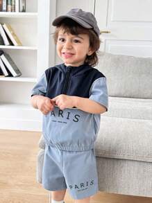 2 件套男婴字母印花撞色连帽夹克和短裤套装，适合春夏季室内外穿着 - 藍色 - 查看 4