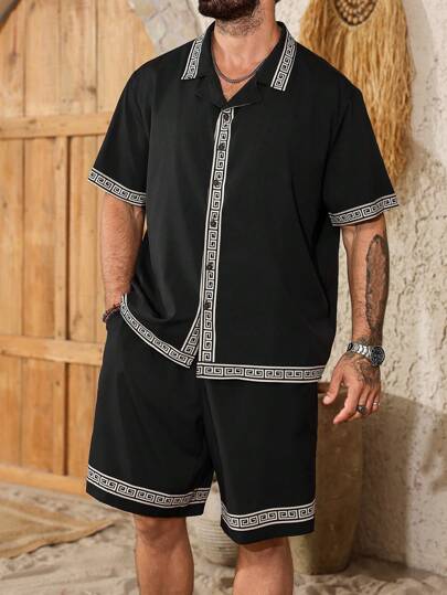 Manfinity RSRT Plus Size Men's Geometric Print Short Sleeve Single-Breasted Shirt & Shorts Casual Set, Big And Tall Men Shorts Set, Black Short Two Piece Set Men