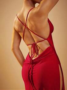 Hauture Elegant Red Backless Maxi Dress With Lace-Up Back And High Slit,Prom Dress - Redwood - View 6