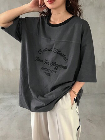 FRIFUL Women Contrast Color Round Neck Letter Embroidered Casual Street Style 3/4 Sleeve Loose T-Shirt, Spring/Summer Oversized T-Shirt