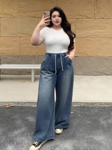 Dazy Plus 加大码松紧腰抽绳宽松长牛仔裤，适合所有季节，宽松牛仔裤
