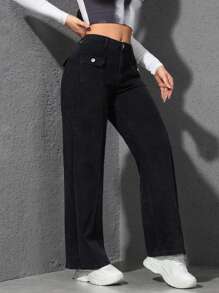 SHEIN EZwear 女式口袋直筒宽松休闲百搭牛仔裤 - 黑色 - 查看 6