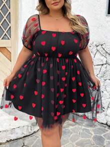 SHEIN CURVE+ CURVE PLUS /Valentine's Day/Curve Plus Embroidered Doll Mesh Dress, Red, Heart-Shaped, Valentine's Day, Fluffy Skirt, Princess Dress. Party Valentine's Day, Romantic Valentine's Day - Blue - View 4