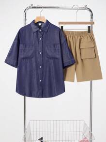 SHEIN Set de 2 piezas para niños adolescentes, camisa de manga corta informal + pantalones cortos, estilo callejero punk rock para uso diario, fiestas, festivales de música, primavera/verano - Multicolor - Ver 2