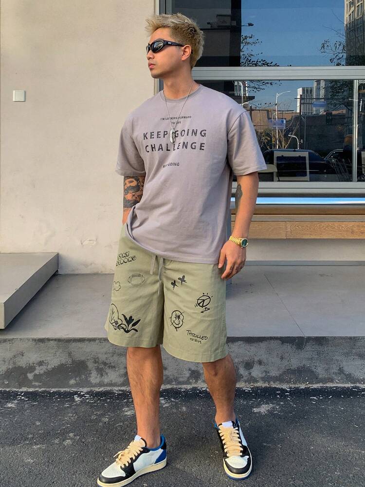 Men's Geometric Pattern Drawstring Waist Casual Shorts, Summer