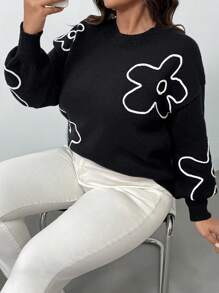 SHEIN Frenchy Plus Size Women Floral Line Pattern Pullover Sweater, New Style For Autumn/Winter - Black - View 7