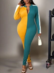 Slaydiva Damen Große Größen Lässig Raglan Ärmel Splice Zweifarbiger Rippenstoff Jumpsuit - Verschiedenfarbig - Übersicht 3
