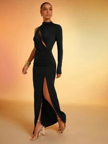 Hauture Holiday Party Long Sleeve One Shoulder Cut Out Ruched Maxi Christmas Dress, Winter Clothes For Women - Black - View 3