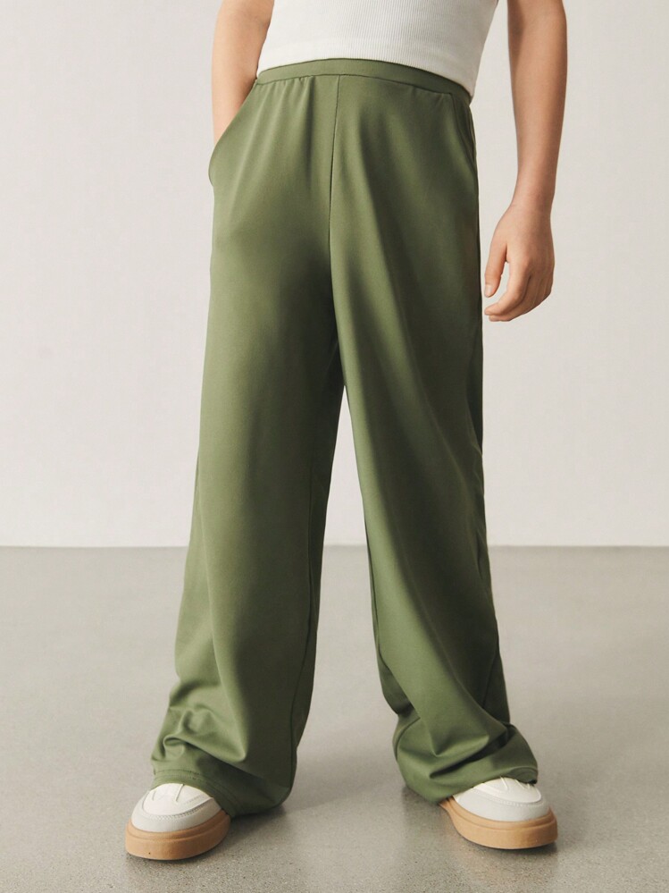 SHEIN 少女寬鬆針織復古高腰寬腿褲 - 軍綠色 - 查看 4