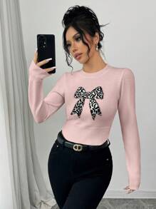 Chiquease Suéter de punto con manga larga, estampado de leopardo y lazo para mujer, suéter de punto para otoño e invierno
