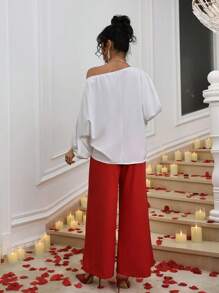 Allurite Vrouwen Elegante Bloemen Lantaarn Mouw Schouder Top En Effen Kleur Broek 2-delig Pak