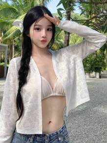 DAZY Women Butterfly Pattern Knitted Short Cardigan Jacket - White - View 4