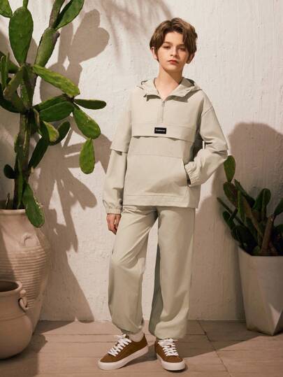 SHEIN 2pcs/Set Tween Boys' Casual Style Hooded Long Sleeve Half Zip Up Jacket Matched With Pants, Suitable For Spring/Autumn, City Outings, Outdoor Activities, School, And Daily Wear