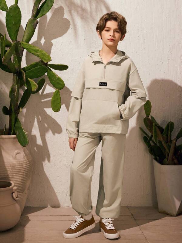 SHEIN 2pcs/Set Tween Boys' Casual Style Hooded Long Sleeve Half Zip Up Jacket Matched With Pants, Suitable For Spring/Autumn, City Outings, Outdoor Activities, School, And Daily Wear