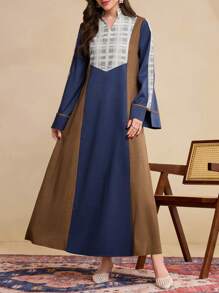 Al Najma رمضان فستان ماكسي أنيق على طراز دبي ذو طابع جنوب شرق آسيوي أنيق وبسيط، بياقة واقفة وأكمام طويلة مع تصميم ألوان متباينة، مناسب للاستخدام في العطلات وكافتان وجلابية - الأزرق - مشاهدة 7