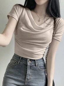 DAZY 纯色修身短袖围脖领 T 恤夏季 - 杏色 - 查看 4