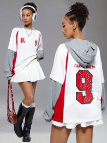 SHEIN EZwear Tween Girls Y2K 情侣装同款数字图案足球卫衣 - 白色 - 查看 6