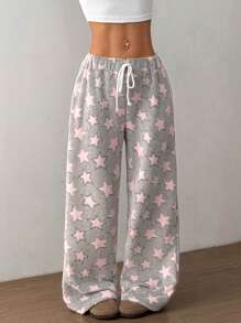 Flirla Christmas New Plush Print Comfortable Women Loose Straight Leg Pants