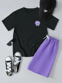 SHEIN 2pcs/Set Teenage Boys Fashion Black T-Shirt And Purple Shorts, Casual Outfit, School, Campus, College - Black - View 1