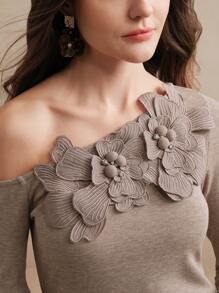 Anewsta Women's Fitted Floral Embroidered & Studded Shoulder Cut-Out Slim Fit Ribbed Knit T-Shirt Top, Autumn/Winter - Coffee Brown - View 2