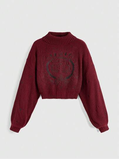 Goth High Neck Dark Gothic Black Mysterious Cat Embroidery Sweater