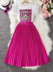 Sparklyn 2 Pieces Tween Girl Leopard Print Cap Sleeve Ruffle Hem T-Shirt With Pleated Skirt Set, Spring/Summer, School, Campus, College Summer Holiday - Red and White - View 3