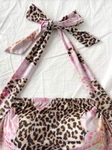 Soleia Women's Halter Tie-Up Side Ruched Leopard Floral Print Cami Top, Suitable For Vacation - Multicolor - View 6