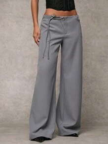 SHEIN BAE 女士灰色纯色百搭通勤休闲日常休闲腰部孔眼装饰抽绳阔腿宽松裤 - 灰色 - 查看 5