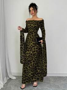 Elenzga Women's Leopard Print Off-Shoulder Ultra-Long Sleeve Dress - Olive Green - View 4