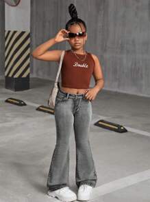 SHEIN Quần jeans ống loe denim mài đá kiểu vintage thập niên 2000 dành cho bé gái, phong cách đường phố mùa thu trở lại trường học. - màu đen - Xem 5