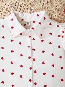 2pcs Valentine's Day Tween Girls Heart Print Collar Shirt And Shorts, Spring/Summer Casual Formal Outfit Set - Red and White - View 6