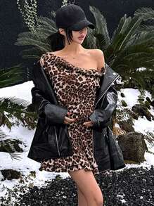 DAZY Vestido de mujer con cuello en pico floral, sin mangas, con estampado de leopardo, cintura ceñida, para vacaciones/playa, vestido drapeado de primavera/verano con estampado de leopardo, vestido de un hombro, vestido de lechera, mini vestido con estampado de guepardo, blusas casuales de mujer con hombros descubiertos - Caqui - Ver 7