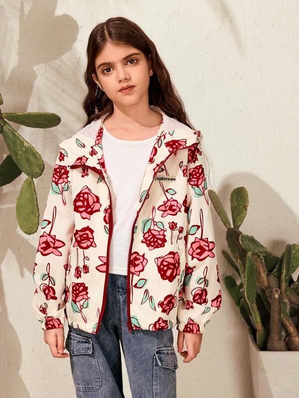 SHEIN 1 pieza Chaqueta con capucha de estilo urbano con flores de rosa, ideal para salidas, deportes, uso casual diario, fiestas y talla grande en primavera/otoño para niñas